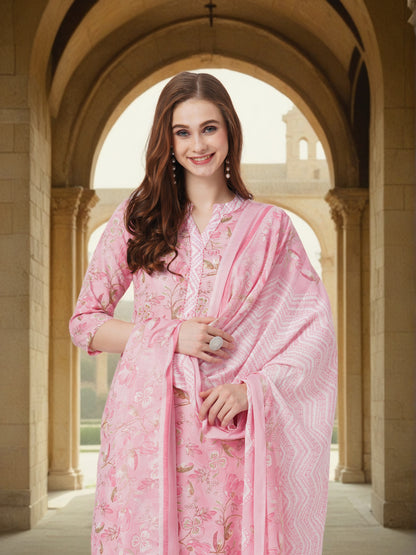 Floral Printed & Embroidered Straight Kurta with Pant & Dupatta - Pink