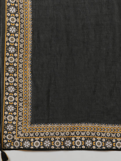 Solid Ethnic Embroidered Straight Fit Kurta with Pant and Dupatta - Black