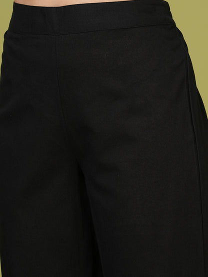 Solid Ethnic Embroidered Straight Fit Kurta with Pant and Dupatta - Black