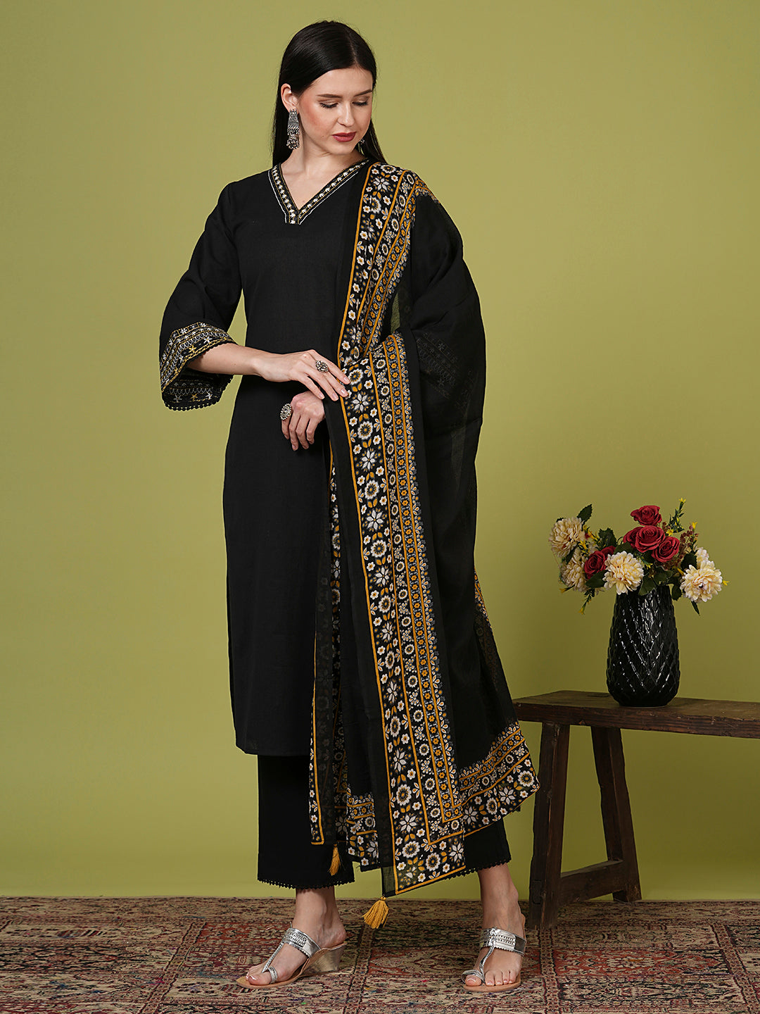 Solid Ethnic Embroidered Straight Fit Kurta with Pant and Dupatta - Black