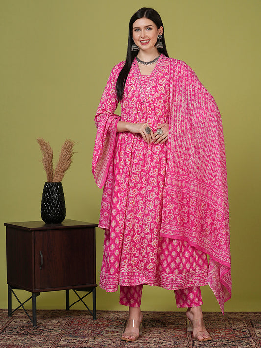 Ethnic Floral Printed & Embroidered A-Line Pleated Kurta with Pant & Dupatta - Pink