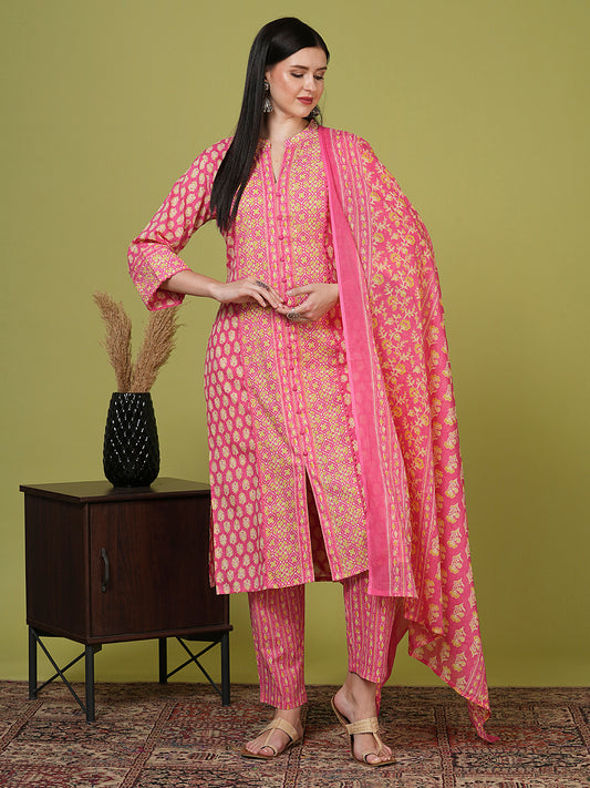 Ethnic Floral Printed Straight Kurta with Pant & Dupatta - Pink