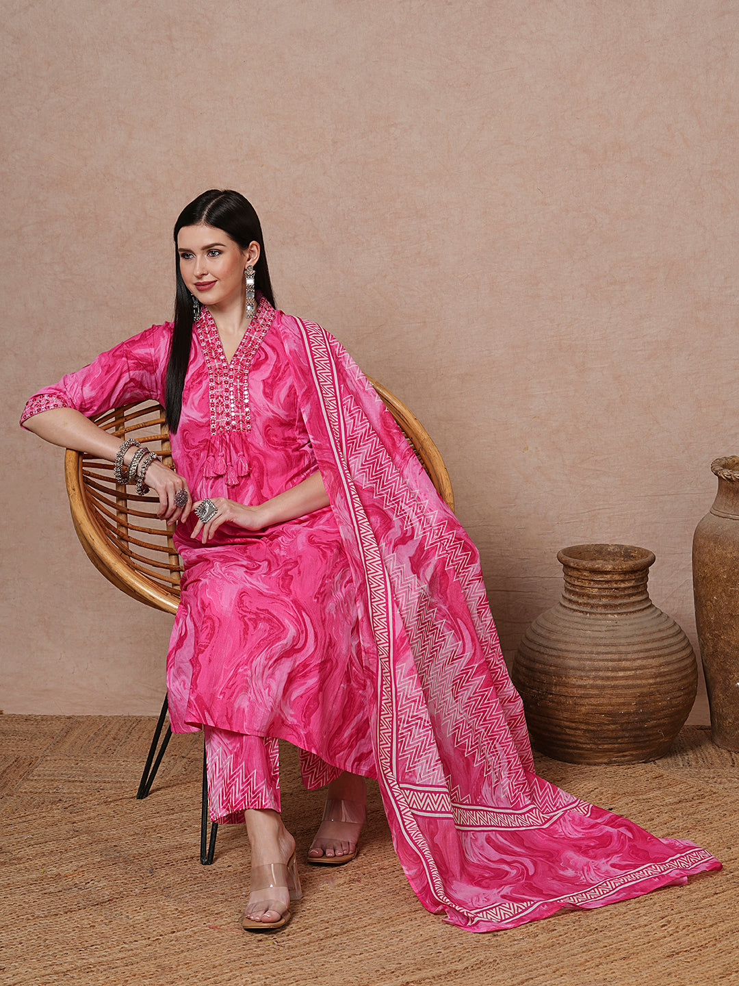 Marbling Printed & Mirror Embroidered A-Line Kurta with Pant & Dupatta - Pink