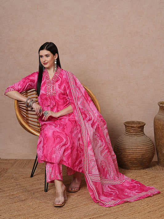 Marbling Printed & Mirror Embroidered A-Line Kurta with Pant & Dupatta - Pink