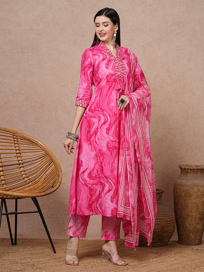 Marbling Printed & Mirror Embroidered A-Line Kurta with Pant & Dupatta - Pink