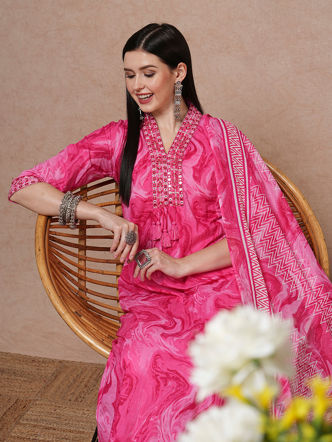Marbling Printed & Mirror Embroidered A-Line Kurta with Pant & Dupatta - Pink