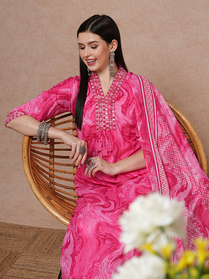 Marbling Printed & Mirror Embroidered A-Line Kurta with Pant & Dupatta - Pink