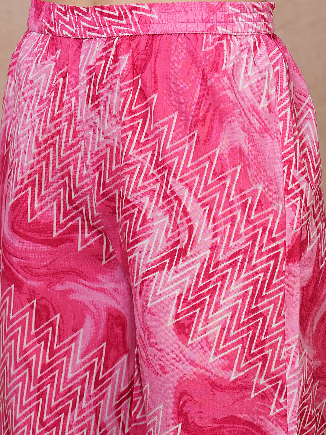 Marbling Printed & Mirror Embroidered A-Line Kurta with Pant & Dupatta - Pink