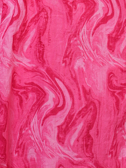 Marbling Printed & Mirror Embroidered A-Line Kurta with Pant & Dupatta - Pink