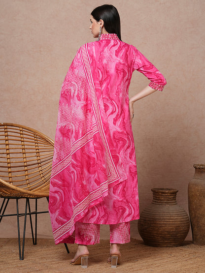 Marbling Printed & Mirror Embroidered A-Line Kurta with Pant & Dupatta - Pink