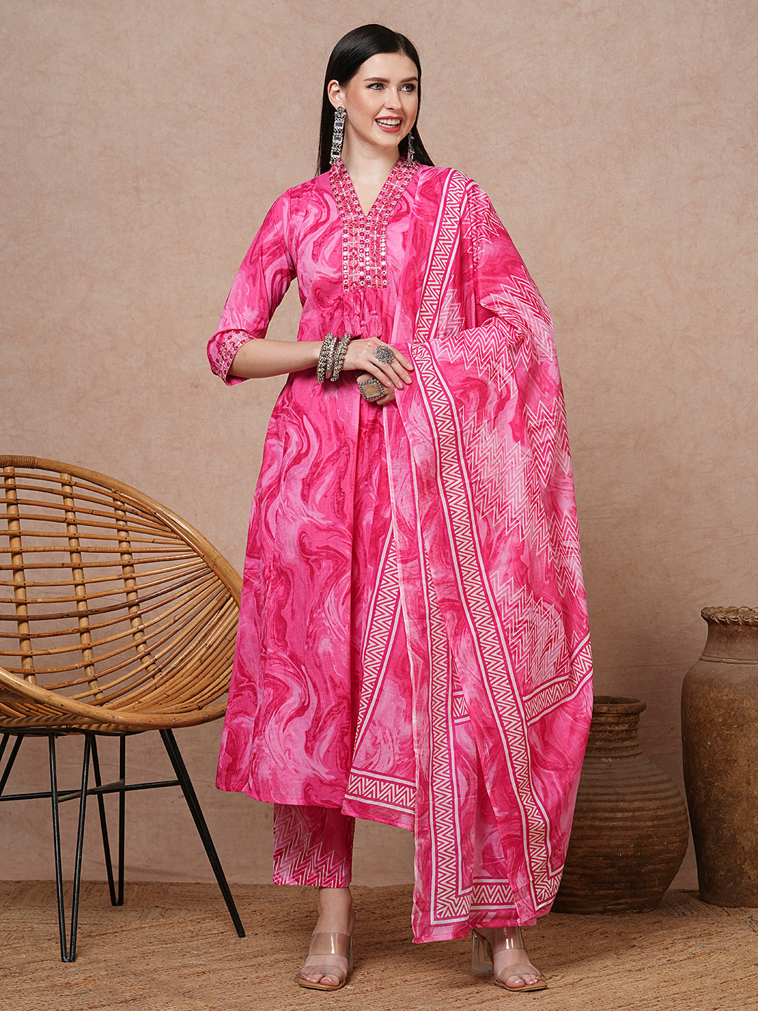 Marbling Printed & Mirror Embroidered A-Line Kurta with Pant & Dupatta - Pink