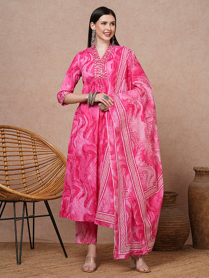 Marbling Printed & Mirror Embroidered A-Line Kurta with Pant & Dupatta - Pink