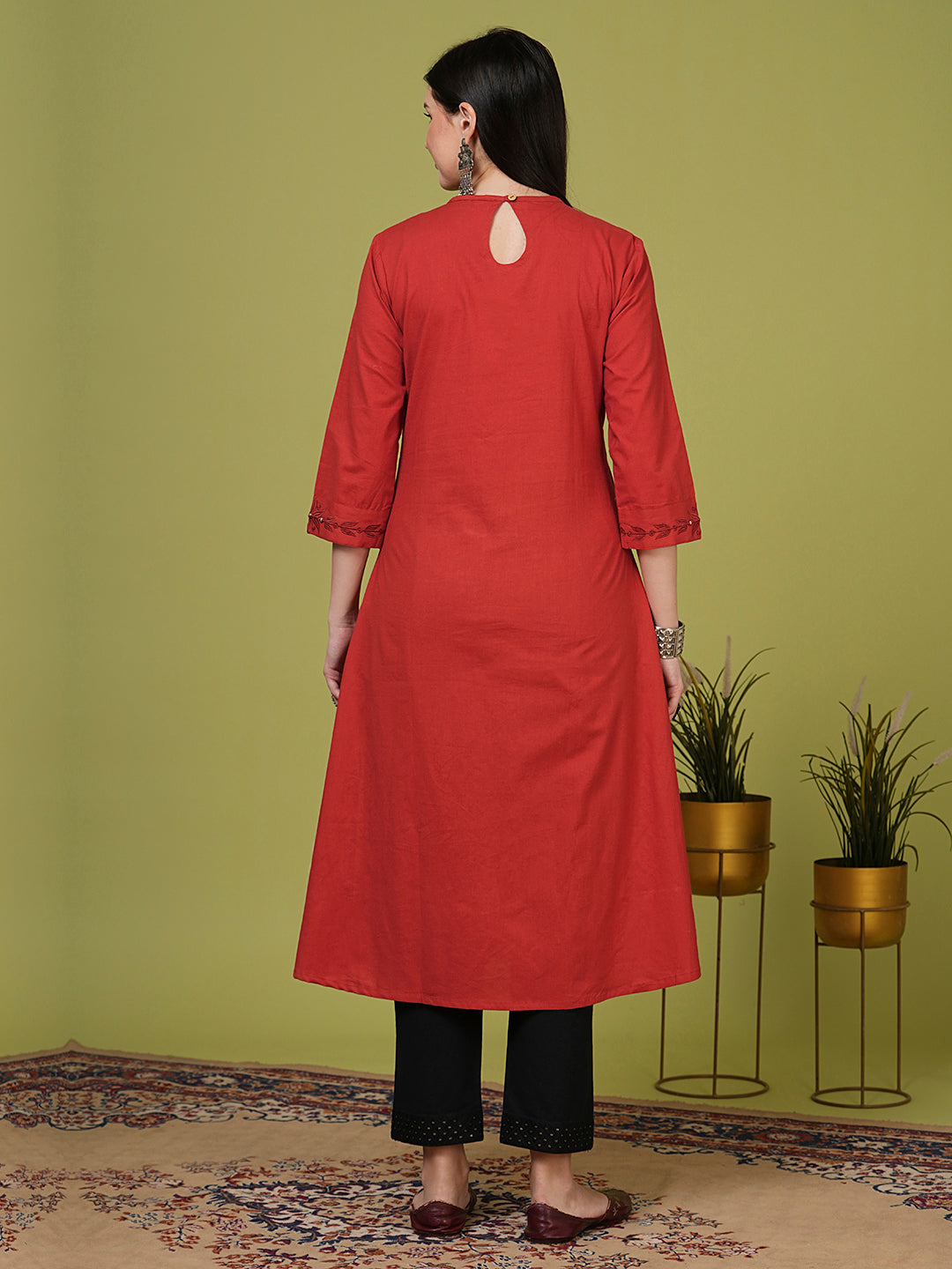 Solid Mirror Embroidered A-Line Flared Kurta - Rust