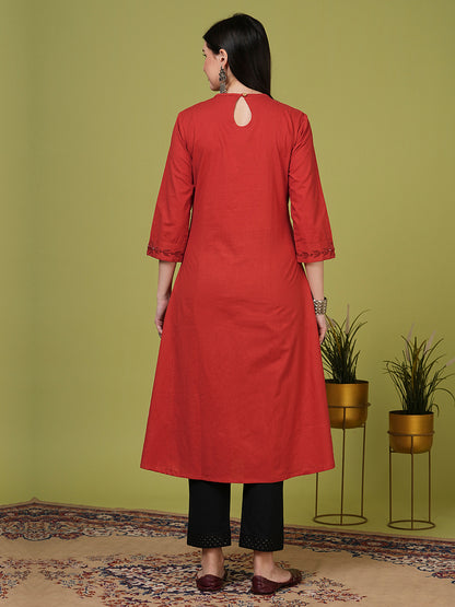 Solid Mirror Embroidered A-Line Flared Kurta - Rust