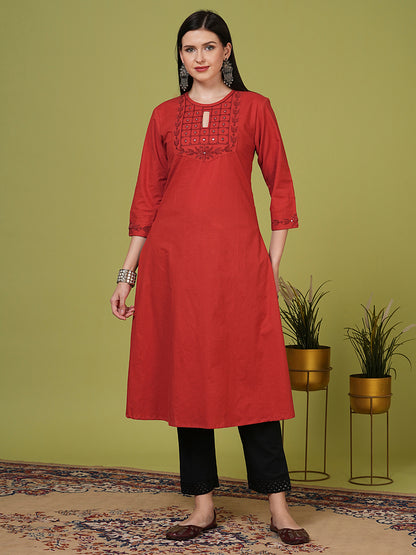 Solid Mirror Embroidered A-Line Flared Kurta - Rust