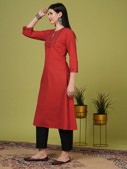 Solid Mirror Embroidered A-Line Flared Kurta - Rust