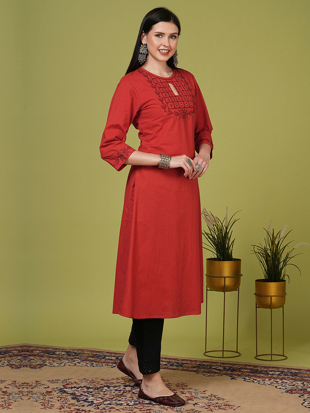 Solid Mirror Embroidered A-Line Flared Kurta - Rust
