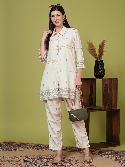 Solid Ethnic Woven Straight Fit Co-ord Set - Off White