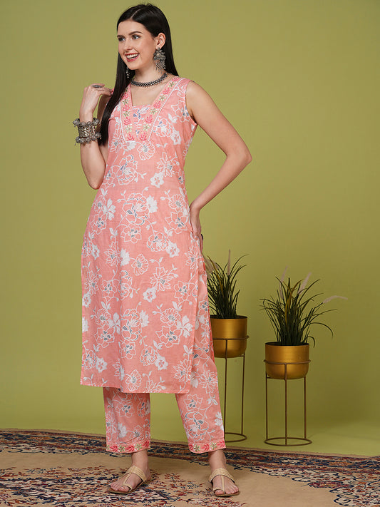 Ethnic Floral Printed & Embroidered Straight Fit Kurta with Pant - Pink