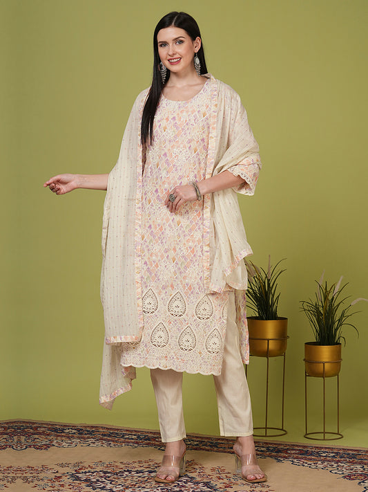 Ethnic Floral Embroidered Straight Fit Kurta with Pant and Dupatta - Off White