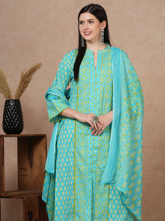 Ethnic Floral Printed Straight Kurta with Pant & Dupatta - Turquoise Blue