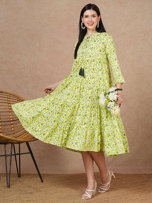 Ethnic Floral Printed A-Line Pleated Maxi Dress - Yellow