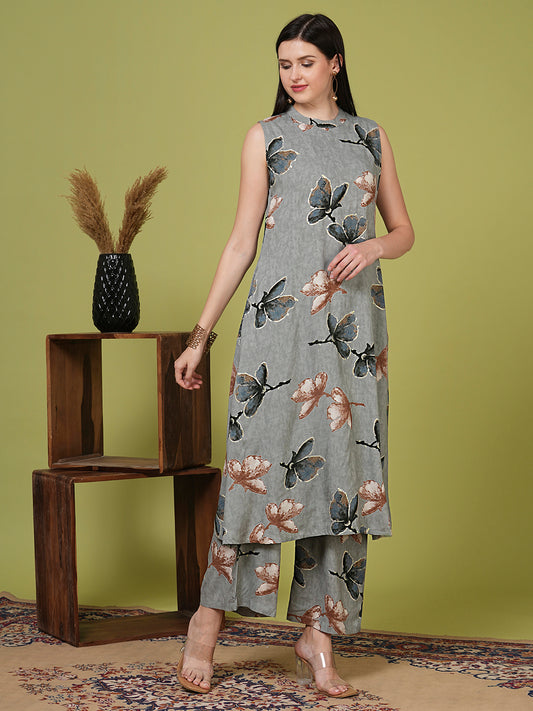 Abstract Floral Printed A-Line Flared Co-ord Set - Grey