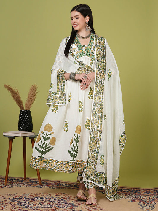 Ethnic Floral Printed Embroidered A-Line Pleated Kurta with Pant and Dupatta - White