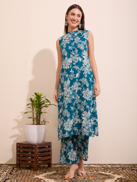 Abstract Floral Printed A-Line Flared Co-ord Set - Sea Green
