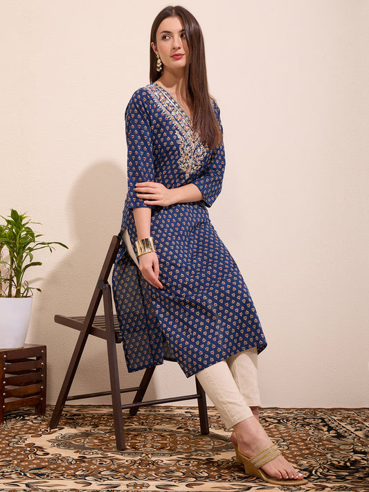Ethnic Floral Printed Embroidered Straight Fit Kurta - Blue