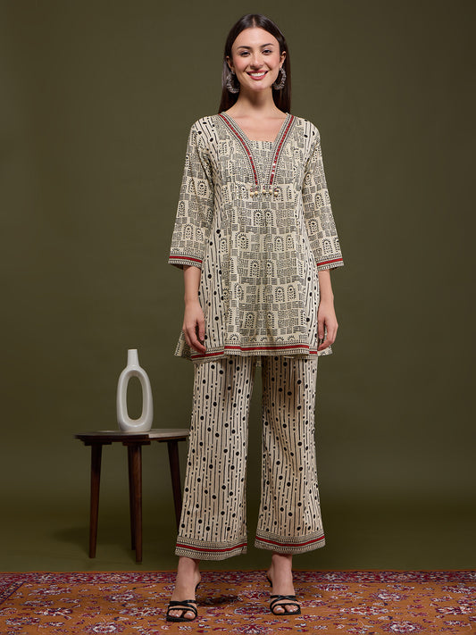 Ethnic Tribal Printed & Embroidered A-Line Paneled Kurta with Palazzo - Off White