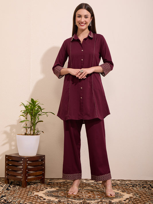 Solid Kantha Embroidered A-Line Paneled Co-ord Set - Burgundy