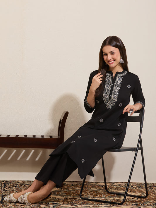 Solid Cotton Flax Floral Embroidered A-Line Co-ord Set - Black