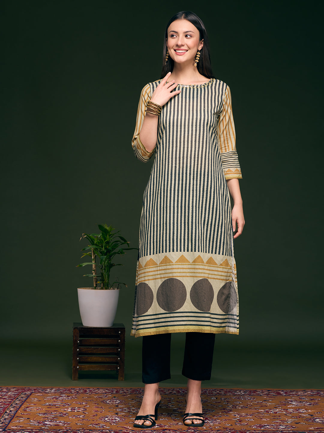 Stripes Printed & Embroidered Straight Fit Kurta - Multi