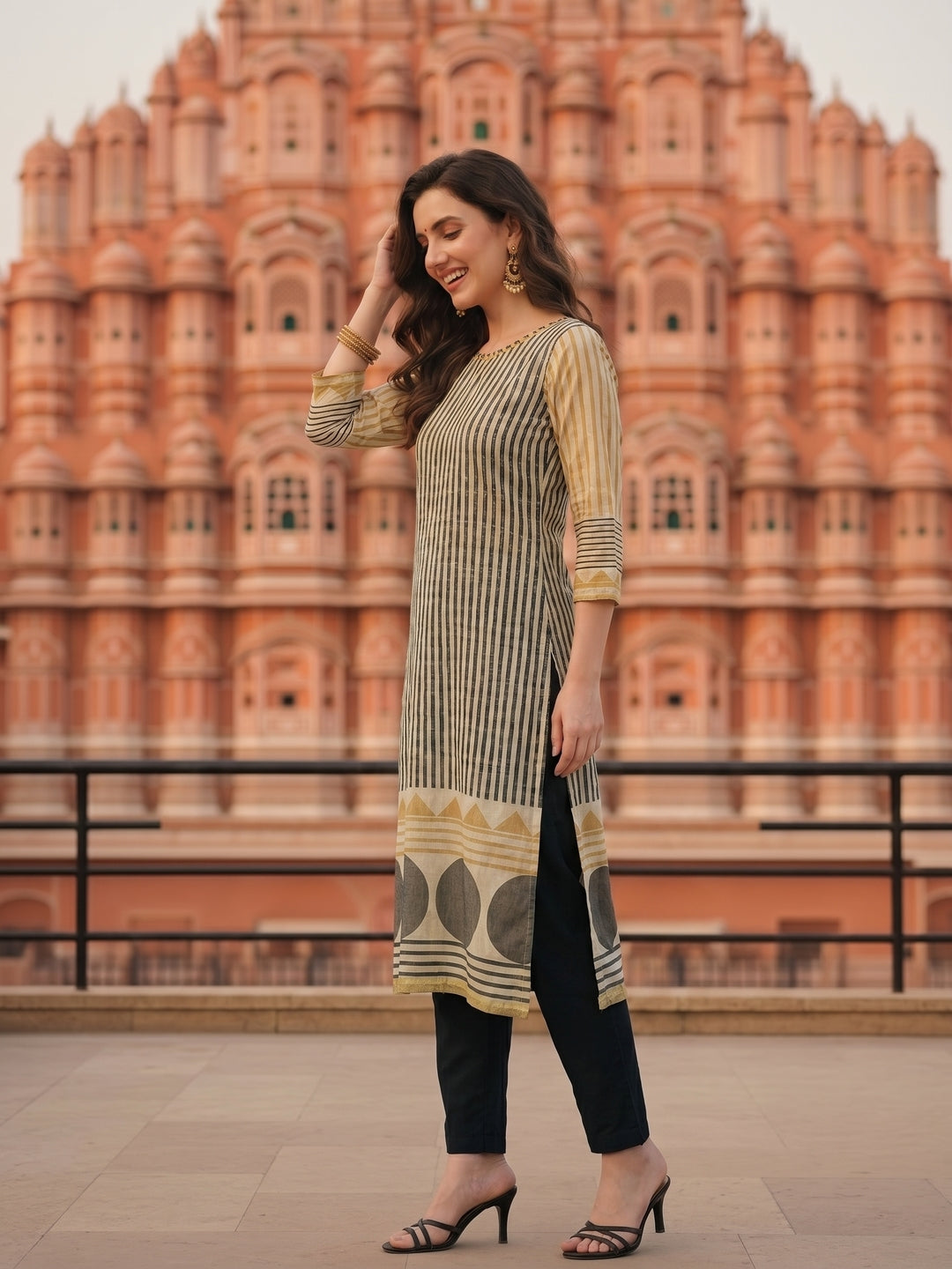 Stripes Printed & Embroidered Straight Fit Kurta - Multi