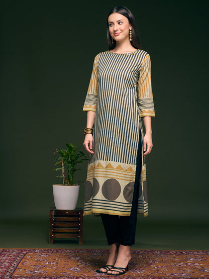 Stripes Printed & Embroidered Straight Fit Kurta - Multi