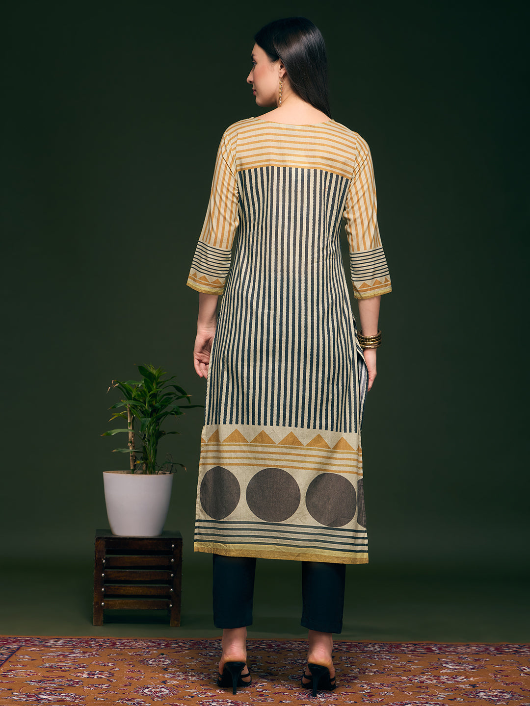 Stripes Printed & Embroidered Straight Fit Kurta - Multi