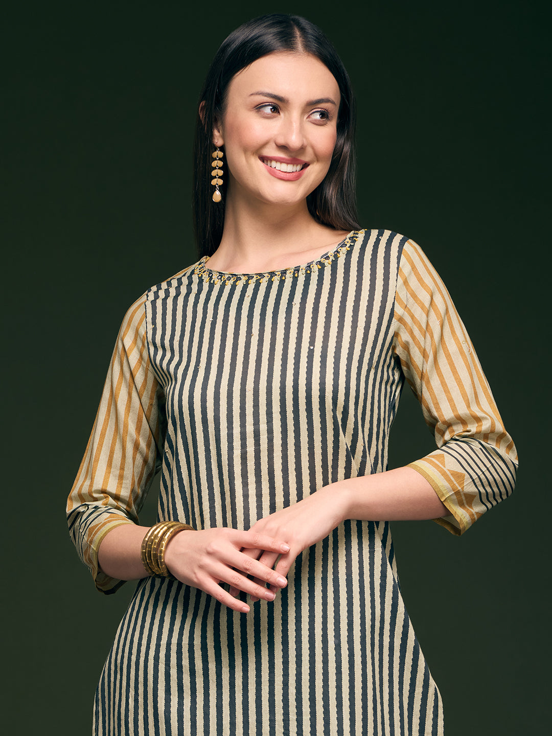 Stripes Printed & Embroidered Straight Fit Kurta - Multi