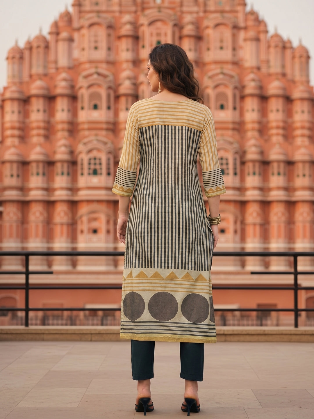 Stripes Printed & Embroidered Straight Fit Kurta - Multi