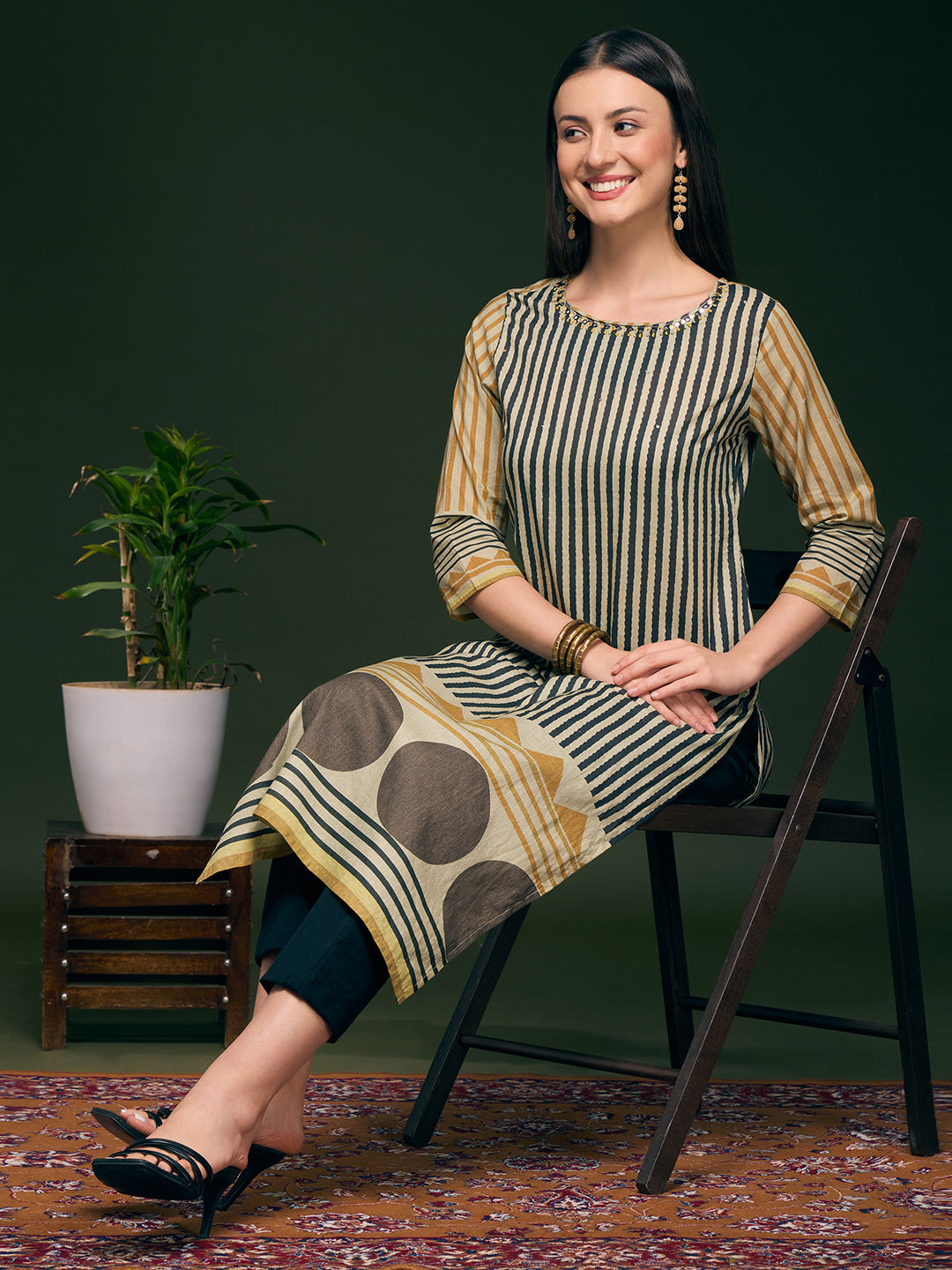 Stripes Printed & Embroidered Straight Fit Kurta - Multi