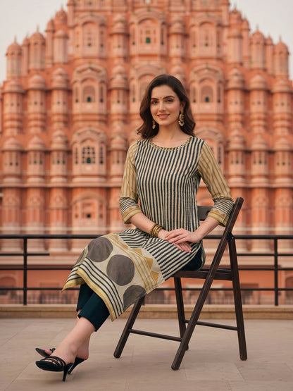 Stripes Printed & Embroidered Straight Fit Kurta - Multi