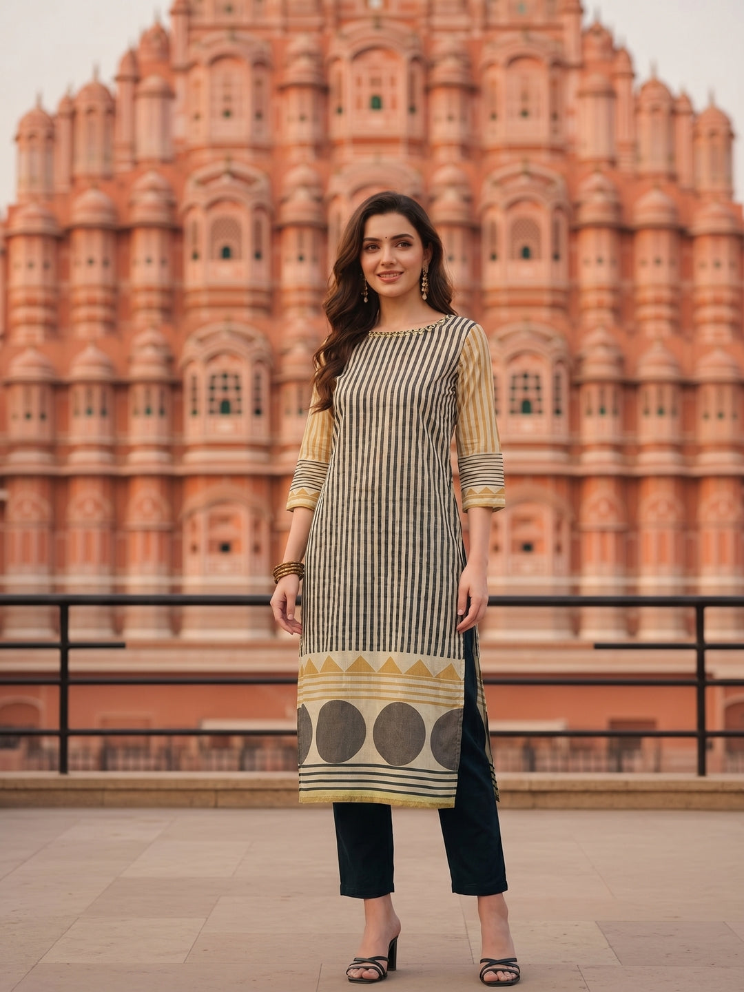 Stripes Printed & Embroidered Straight Fit Kurta - Multi