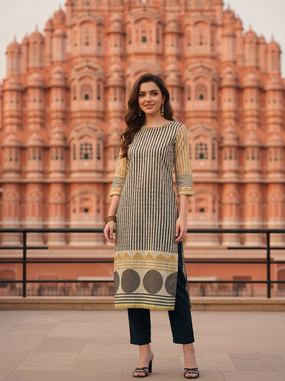 Stripes Printed & Embroidered Straight Fit Kurta - Multi