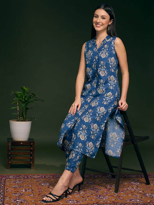 Floral Printed Straight Fit Co-ord Set - Blue