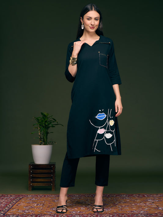 Solid Abstract Embroidered Straight Fit Kurta with Pant - Teal Green