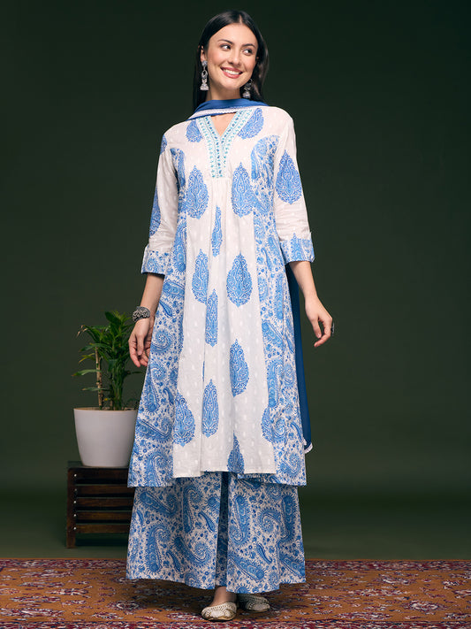Ethnic Floral Printed & Embroidered A-Line Paneled Kurta with Palazzo & Dupatta - White