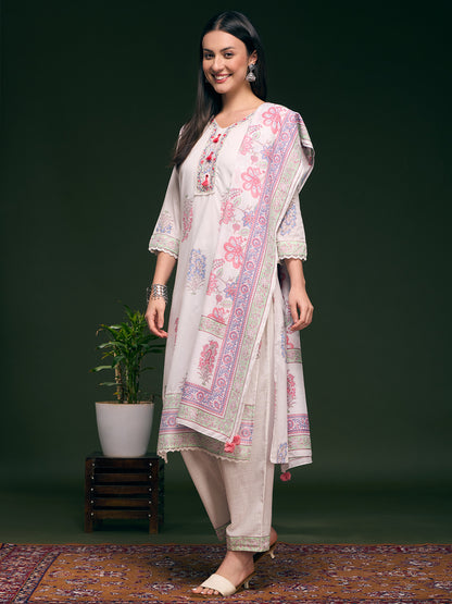 Floral Printed Embellished Straight Cut Kurta with Pant & Dupatta - White