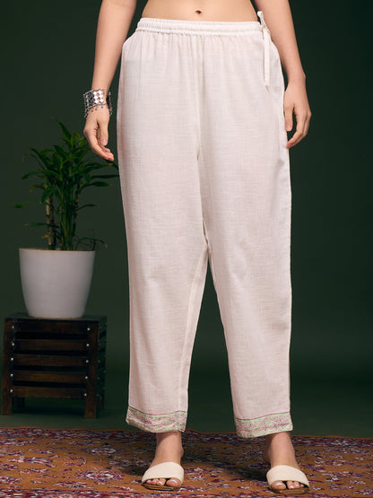 Floral Printed Embellished Straight Cut Kurta with Pant & Dupatta - White