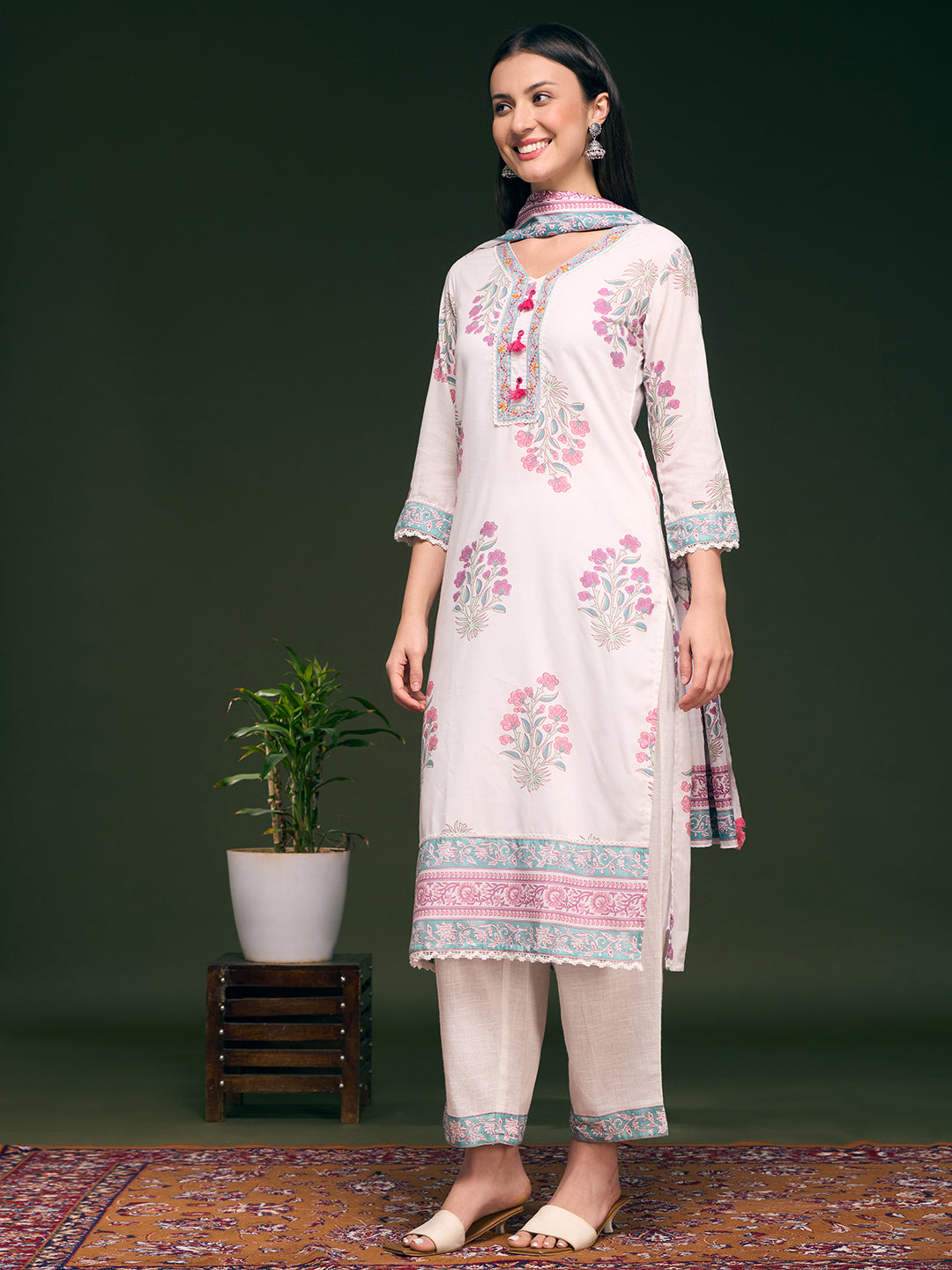 Floral Printed Embellished Straight Cut Kurta with Pant & Dupatta - White