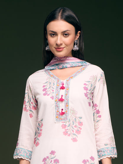 Floral Printed Embellished Straight Cut Kurta with Pant & Dupatta - White